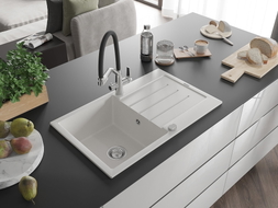 Mexen Bruno granite sink single-bowl with drainer and kitchen faucet Duo, white - 6513-20-671701-07