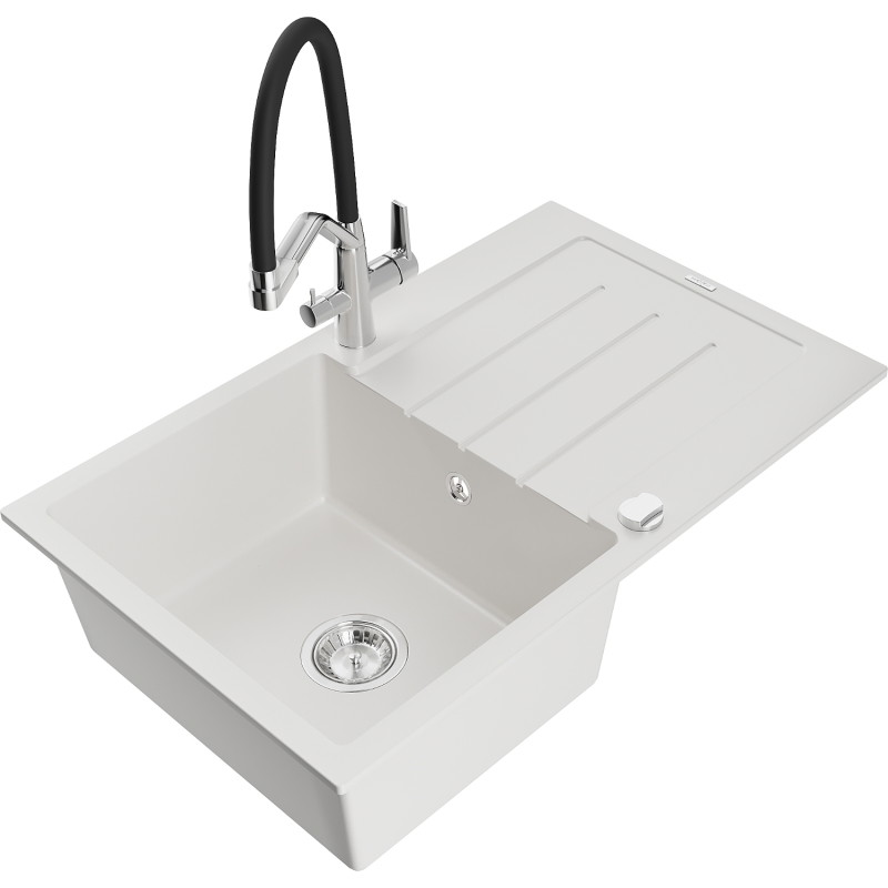 Mexen Bruno granite sink single-bowl with drainer and kitchen faucet Duo, white - 6513-20-671701-07