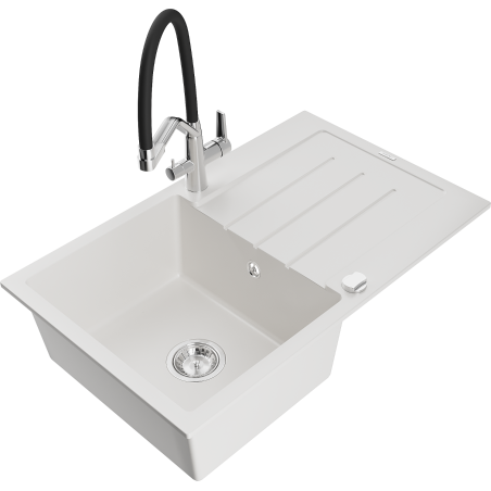 Mexen Bruno granite sink single-bowl with drainer and kitchen faucet Duo, white - 6513-20-671701-07