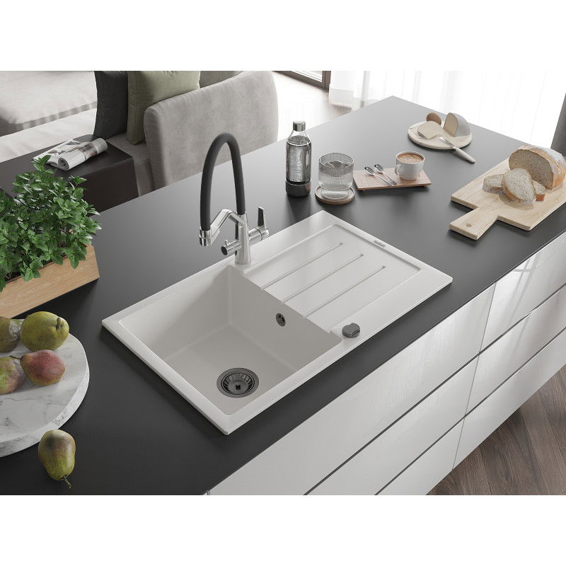 Mexen Bruno granite sink 1-bowl with drainer and Duo kitchen tap, white - 6513-20-671701-07-B
