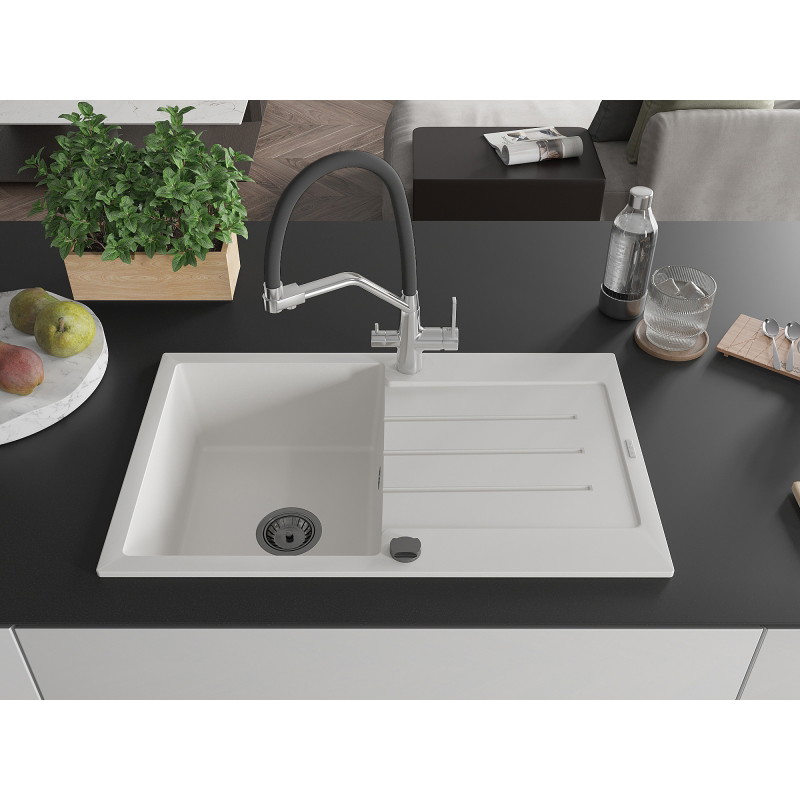 Mexen Bruno 1-Bowl Granite Sink with Drainer and Duo Kitchen Faucet, White - 6513-20-671701-07-B
