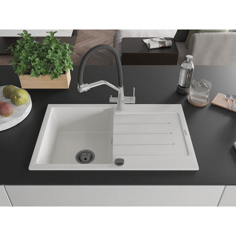 Mexen Bruno granite sink 1-bowl with drainer and Duo kitchen tap, white - 6513-20-671701-07-B