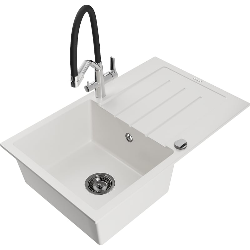 Mexen Bruno 1-Bowl Granite Sink with Drainer and Duo Kitchen Faucet, White - 6513-20-671701-07-B