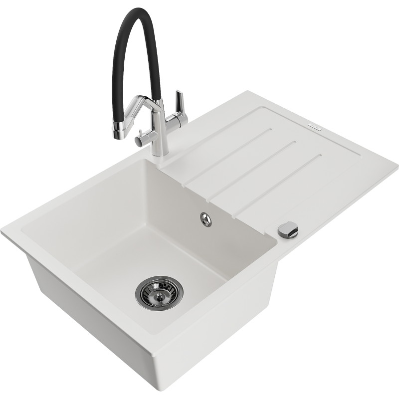 Mexen Bruno granite kitchen sink 1-bowl with drainer and Duo tap, white - 6513-20-671701-07-B