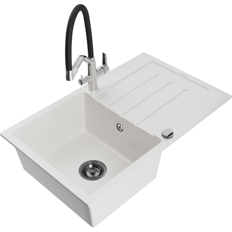 Mexen Bruno 1-Bowl Granite Sink with Drainer and Duo Kitchen Faucet, White - 6513-20-671701-07-B
