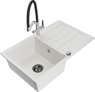 Mexen Bruno 1-Bowl Granite Sink with Drainer and Duo Kitchen Faucet, White - 6513-20-671701-07-B