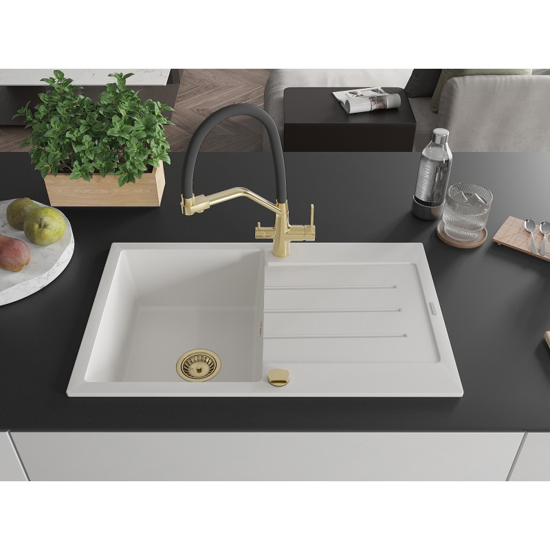 Mexen Bruno granite single-bowl sink with drainer and Duo kitchen faucet, white - 6513-20-671701-57-G