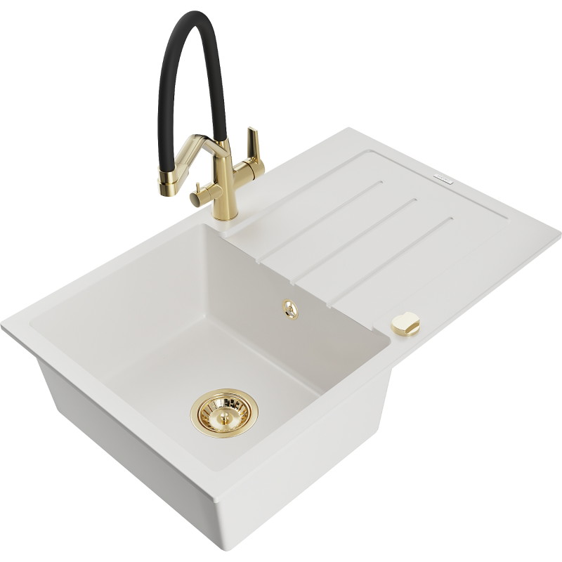 Mexen Bruno granite single-bowl sink with drainer and Duo kitchen faucet, white - 6513-20-671701-57-G