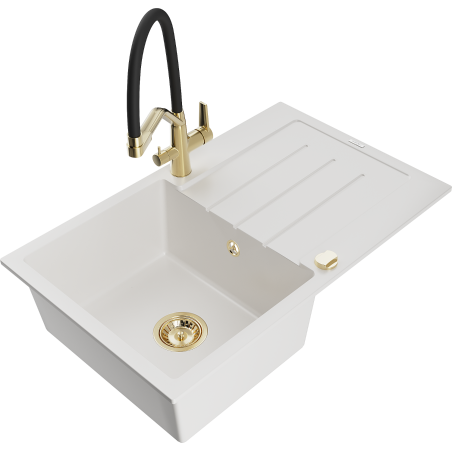 Mexen Bruno granite kitchen sink 1-bowl with drainer and Duo kitchen faucet, white - 6513-20-671701-57-G