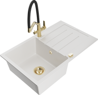 Mexen Bruno granite kitchen sink 1-bowl with drainer and Duo kitchen faucet, white - 6513-20-671701-57-G