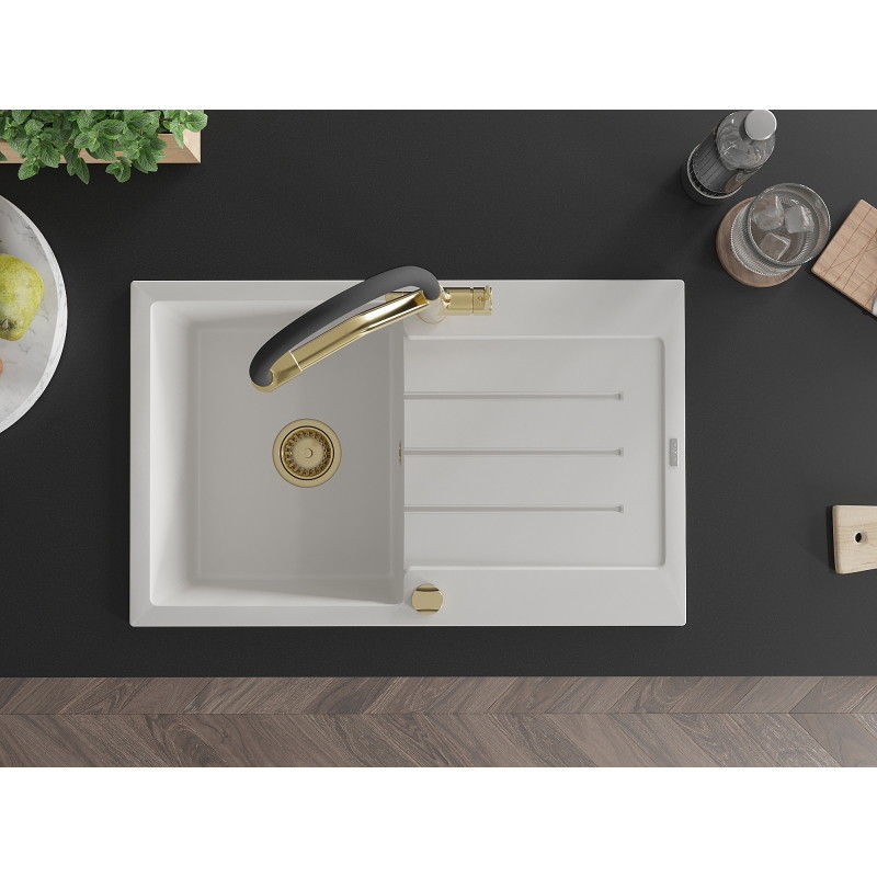 Mexen Bruno granite single-bowl sink with drainer and Duo kitchen faucet, white - 6513-20-671701-57-G