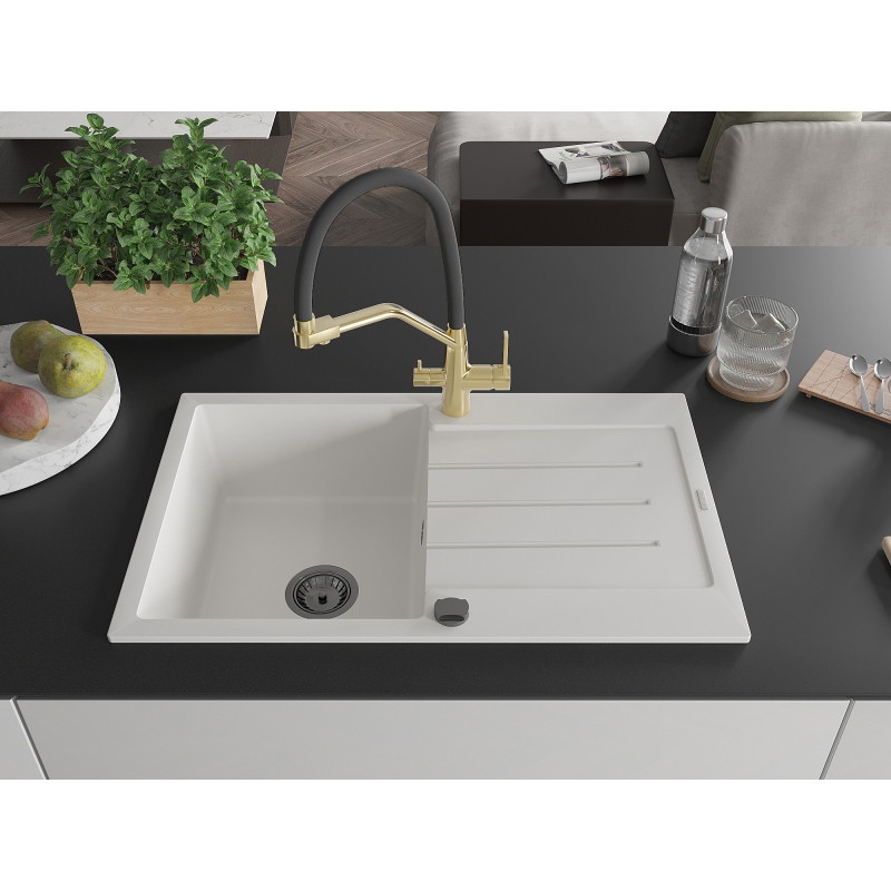 Mexen Bruno 1-bowl granite sink with drainer and Duo kitchen faucet, white - 6513-20-671701-57-B