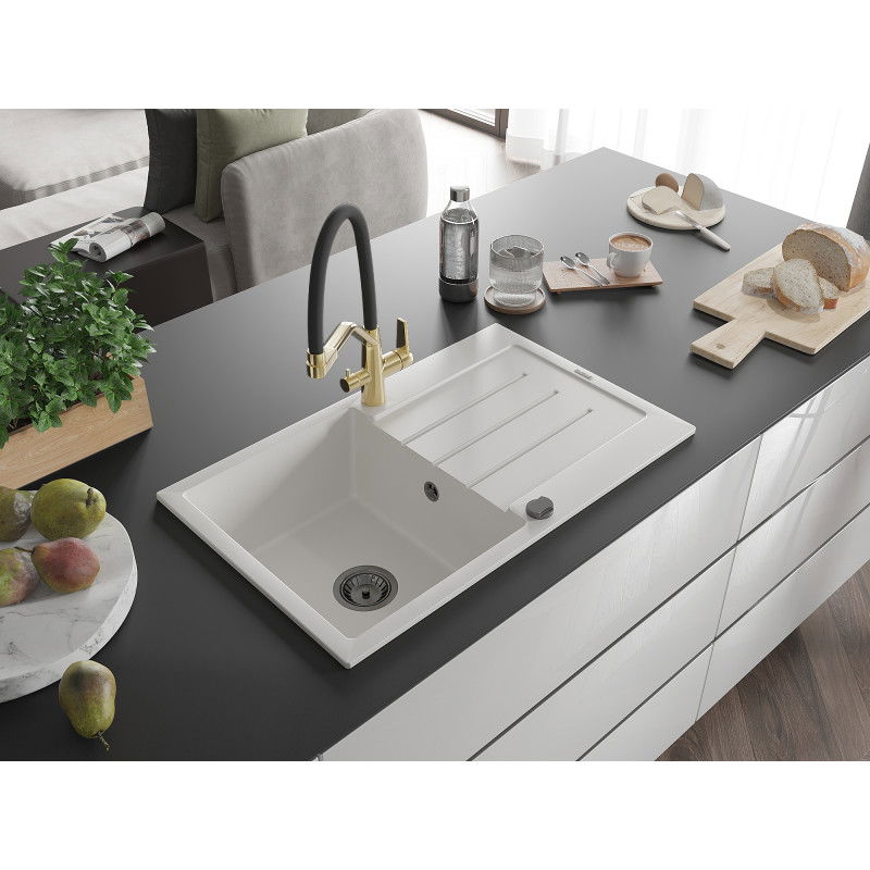 Mexen Bruno 1-bowl Granite Sink with Drainer and Duo Kitchen Tap, White - 6513-20-671701-57-B