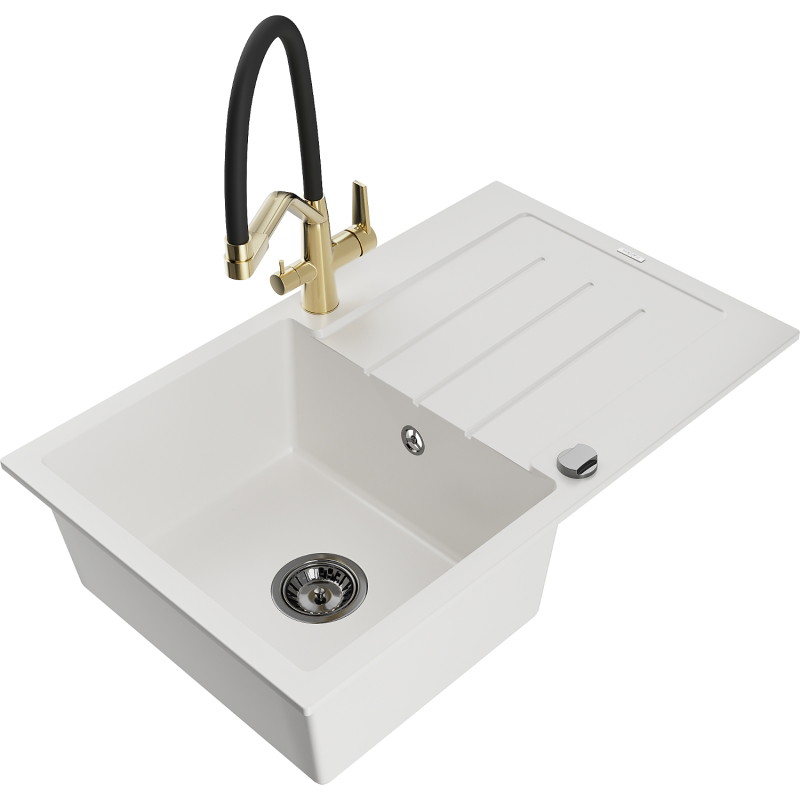 Mexen Bruno granite sink 1-bowl with drainer and Duo kitchen faucet, white - 6513-20-671701-57-B