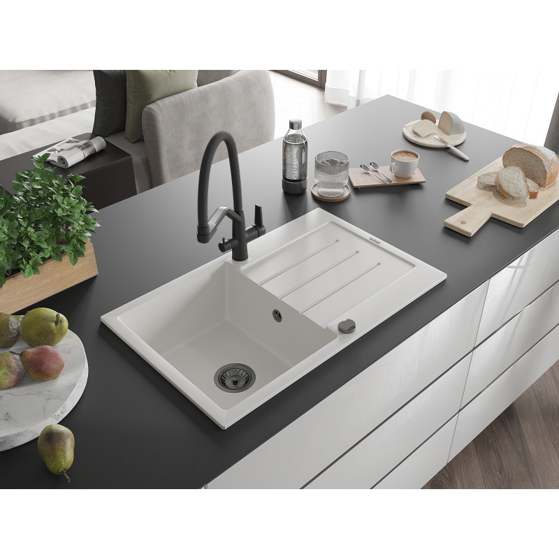 Mexen Bruno 1-bowl granite sink with drainer and Duo kitchen faucet, white - 6513-20-671701-70-B