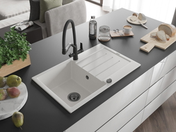 Mexen Bruno 1-bowl granite sink with drainer and Duo kitchen faucet, white - 6513-20-671701-70-B