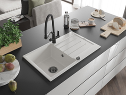 Mexen Bruno 1-compartment granite sink with a drip tray and kitchen mixer tap Duo, white - 6513-20-671701-70-B