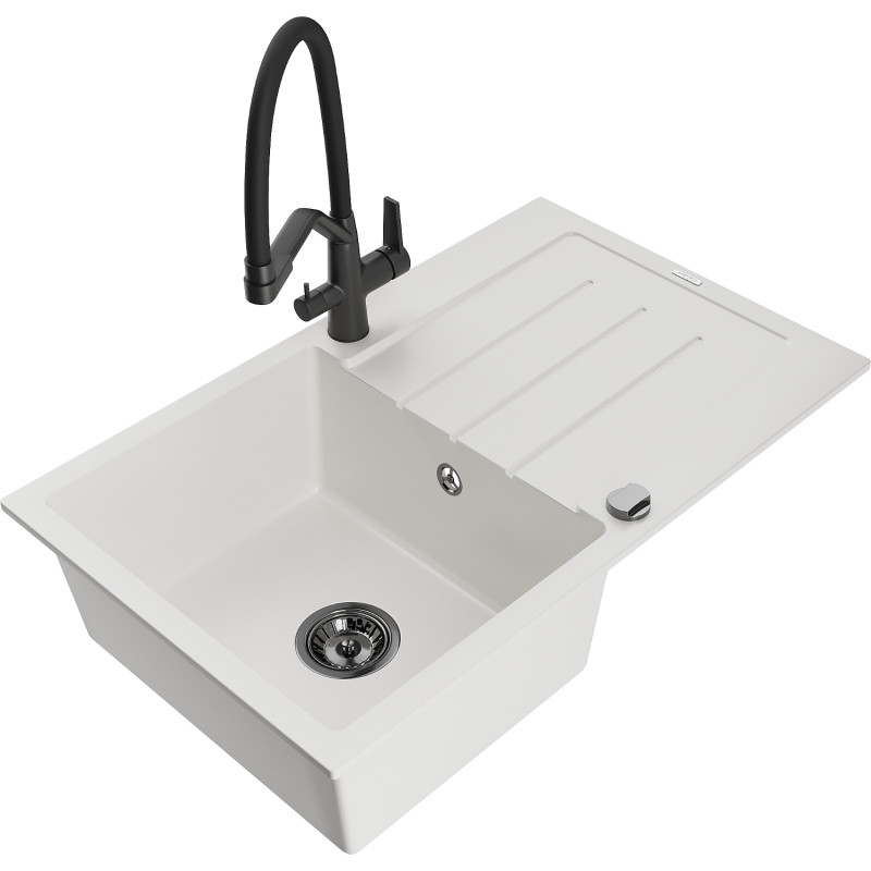 Mexen Bruno 1-bowl granite sink with drainer and Duo kitchen faucet, white - 6513-20-671701-70-B
