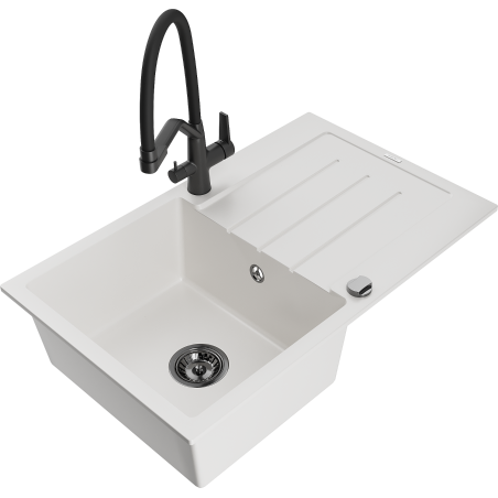 Mexen Bruno 1-bowl granite sink with drainer and Duo kitchen faucet, white - 6513-20-671701-70-B