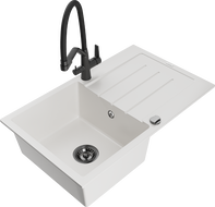 Mexen Bruno 1-bowl granite sink with drainer and Duo kitchen faucet, white - 6513-20-671701-70-B