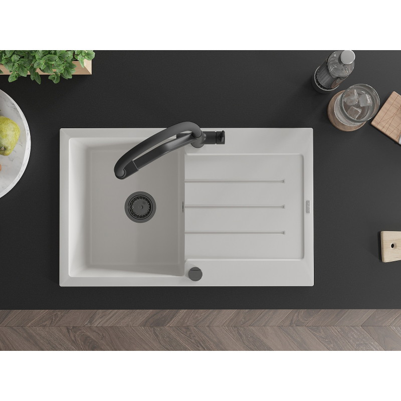 Mexen Bruno 1-bowl granite sink with drainer and Duo kitchen faucet, white - 6513-20-671701-70-B