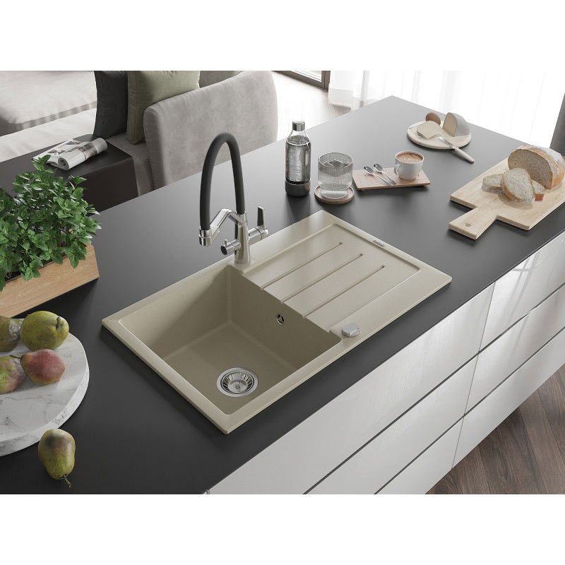 Mexen Bruno granite kitchen sink 1-bowl with drainer and Duo kitchen tap, beige - 6513-69-671701-07
