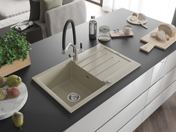 Mexen Bruno 1-compartment granite sink with a drip tray and kitchen mixer tap Duo, Beige - 6513-69-671701-07