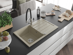 Mexen Bruno granite kitchen sink single bowl with drainer and Duo faucet, beige - 6513-69-671701-07