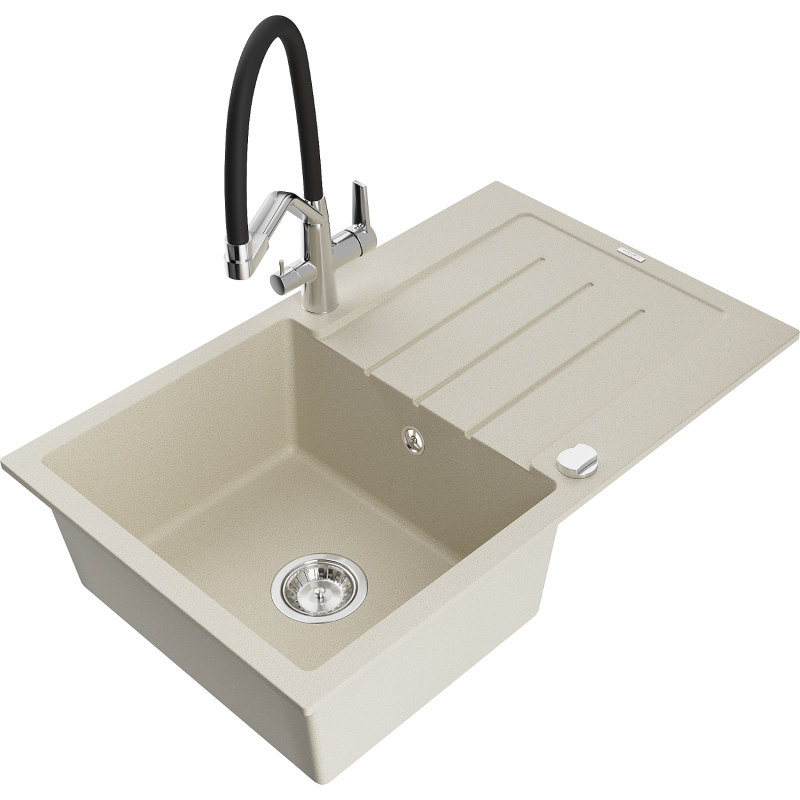 Mexen Bruno granite kitchen sink 1-bowl with drainer and Duo kitchen tap, beige - 6513-69-671701-07
