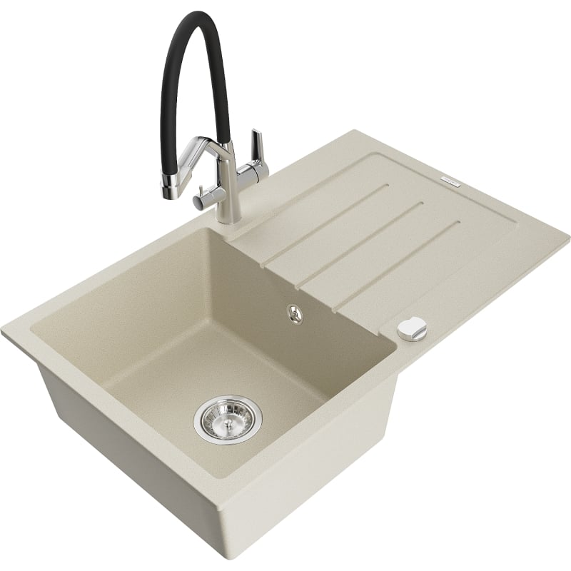 Mexen Bruno granite kitchen sink single bowl with drainer and Duo faucet, beige - 6513-69-671701-07