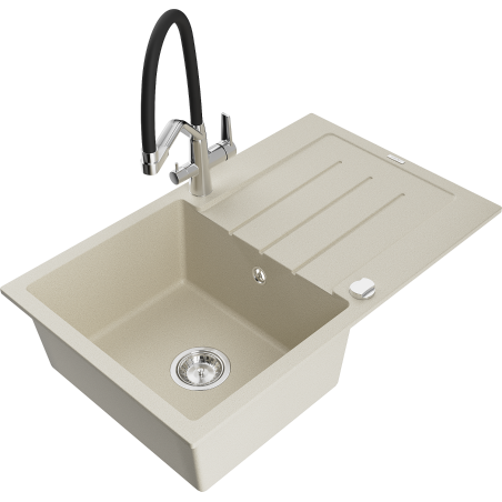 Mexen Bruno granite kitchen sink single bowl with drainer and Duo faucet, beige - 6513-69-671701-07