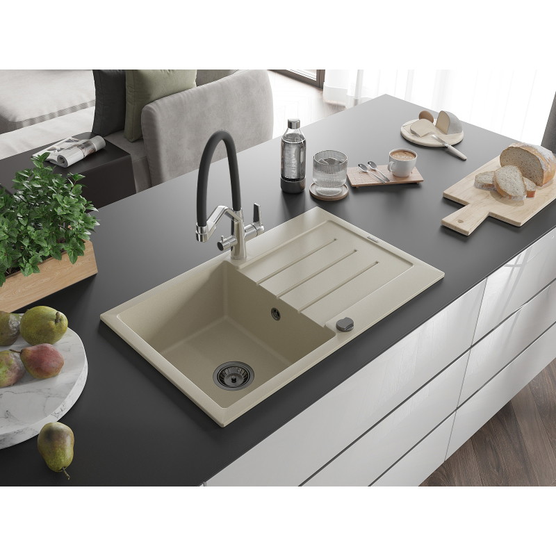 Mexen Bruno granite kitchen sink 1-bowl with drainer and Duo kitchen faucet, beige - 6513-69-671701-07-B