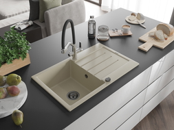 Mexen Bruno granite kitchen sink 1-bowl with drainer and Duo kitchen faucet, beige - 6513-69-671701-07-B