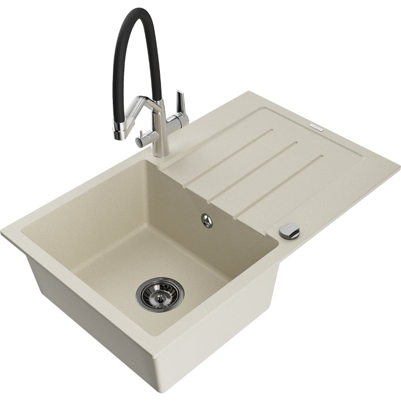Mexen Bruno granite kitchen sink 1-bowl with drainer and Duo kitchen faucet, beige - 6513-69-671701-07-B