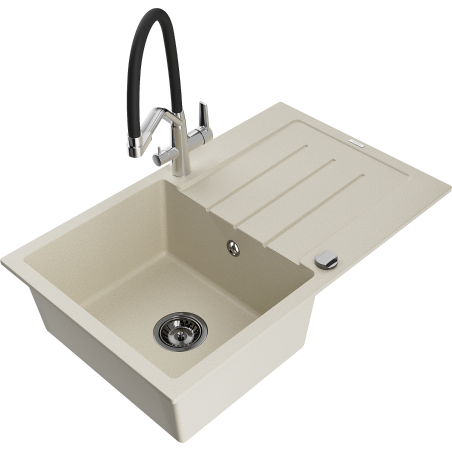 Mexen Bruno granite kitchen sink 1-bowl with drainer and Duo kitchen faucet, beige - 6513-69-671701-07-B