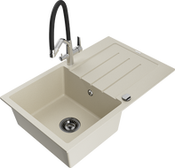 Mexen Bruno granite kitchen sink 1-bowl with drainer and Duo kitchen faucet, beige - 6513-69-671701-07-B