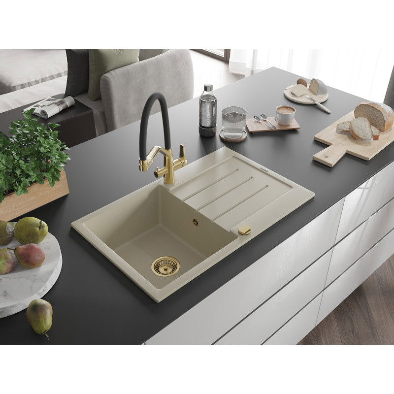 Mexen Bruno 1-bowl granite sink with drainer and Duo kitchen mixer tap, beige - 6513-69-671701-57-G