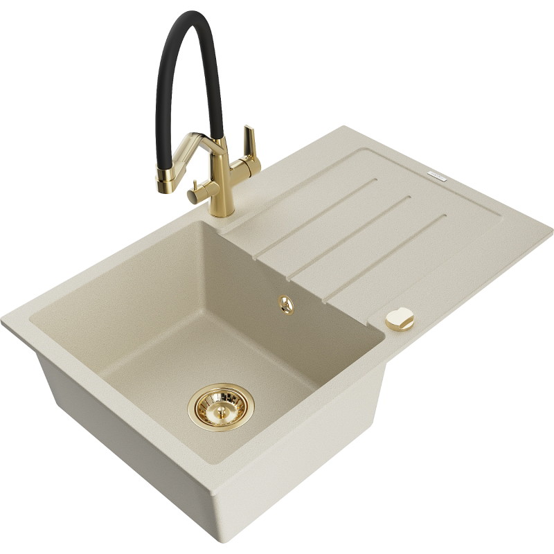 Mexen Bruno granite single-bowl sink with drainer and Duo kitchen faucet, beige - 6513-69-671701-57-G