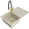 Mexen Bruno 1-bowl granite kitchen sink with drainer and Duo kitchen faucet, beige - 6513-69-671701-57-G
