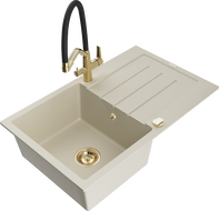 Mexen Bruno 1-bowl granite kitchen sink with drainer and Duo kitchen faucet, beige - 6513-69-671701-57-G