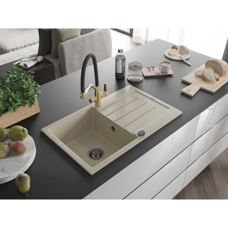 Mexen Bruno 1-bowl granite sink with drainer and Duo kitchen faucet, beige - 6513-69-671701-57-B