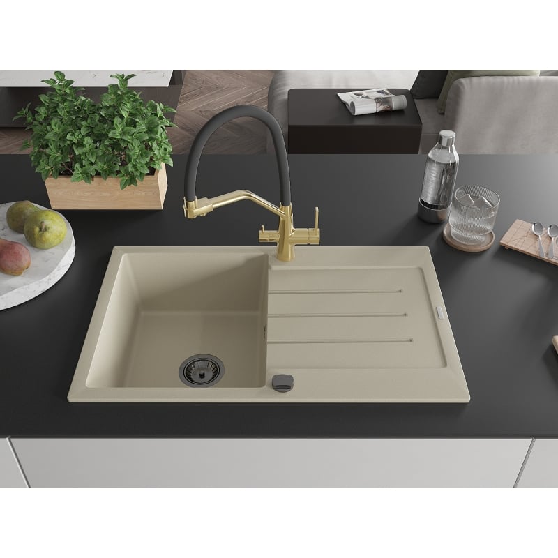 Mexen Bruno 1-bowl granite sink with drainer and Duo kitchen faucet, beige - 6513-69-671701-57-B