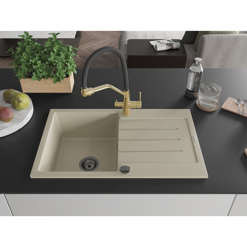 Mexen Bruno granite 1-bowl sink with drainer and Duo kitchen faucet, beige - 6513-69-671701-57-B