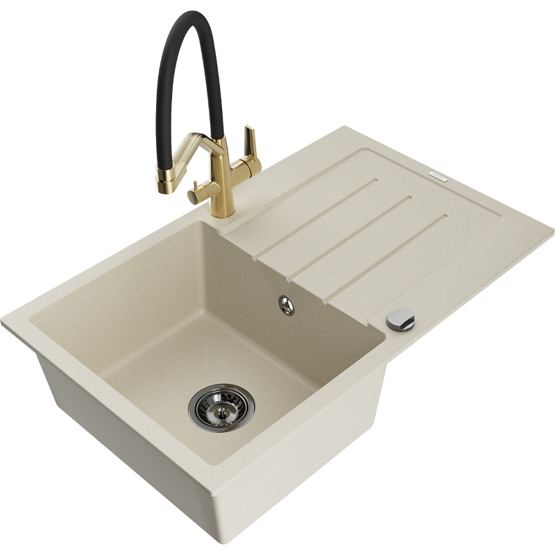 Mexen Bruno 1-bowl granite sink with drainer and Duo kitchen faucet, beige - 6513-69-671701-57-B