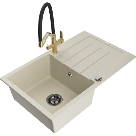 Mexen Bruno 1-bowl granite sink with drainer and Duo kitchen faucet, beige - 6513-69-671701-57-B
