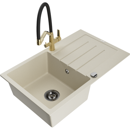 Mexen Bruno 1-compartment granite sink with a drip tray and kitchen mixer tap Duo, Beige - 6513-69-671701-57-B