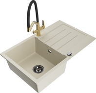 Mexen Bruno granite 1-bowl sink with drainer and Duo kitchen faucet, beige - 6513-69-671701-57-B
