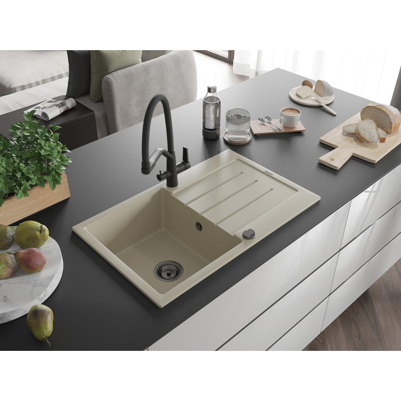 Mexen Bruno 1-bowl granite sink with drainer and Duo kitchen faucet, beige - 6513-69-671701-70-B