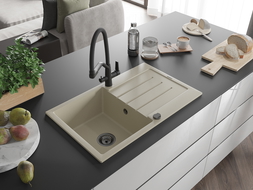 Mexen Bruno 1-compartment granite sink with a drip tray and kitchen mixer tap Duo, Beige - 6513-69-671701-70-B