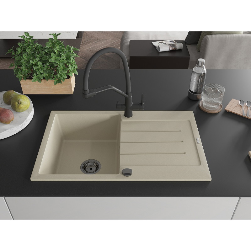 Mexen Bruno 1-bowl granite sink with drainer and Duo kitchen faucet, beige - 6513-69-671701-70-B